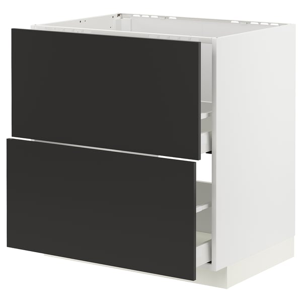 METOD / MAXIMERA خزانة قاعدة لحوض+واجهتان/درجان, أبيض/Nickebo فحمي مطفي, 80x60 سم