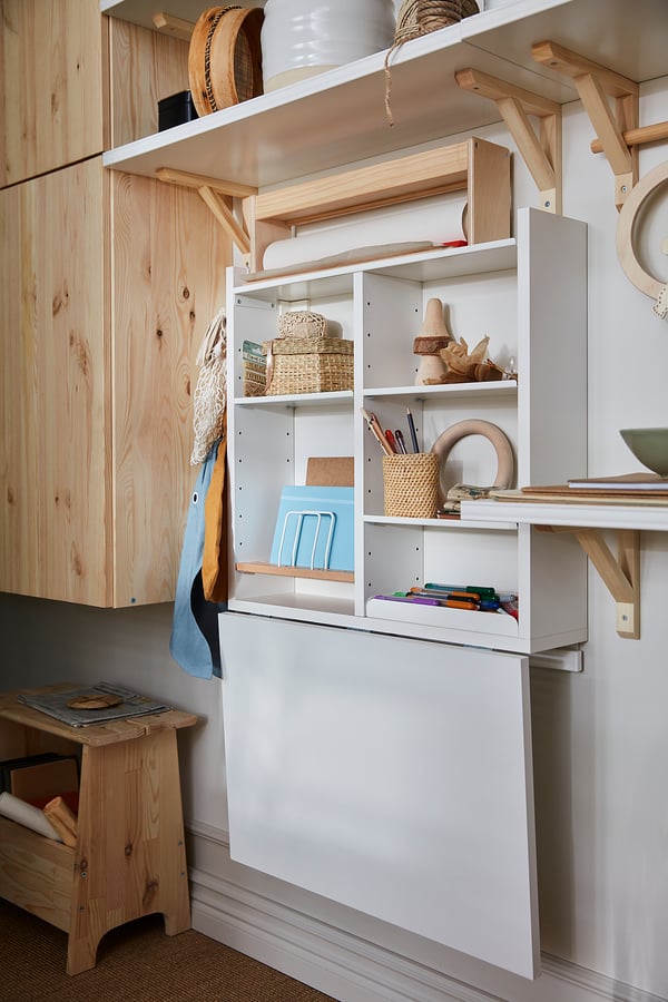 NORBERG طاولة حائطية بجناح يطوى مع تخزين, أبيض, 64x60 سم