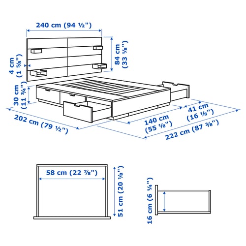 NORDLI هيكل سرير مع تخزين ولوح رأس, أبيض, 140x200 سم