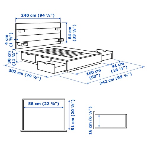 NORDLI هيكل سرير مع تخزين ولوح رأس, أبيض, 160x200 سم