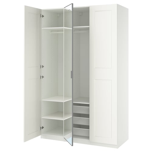 PAX / KAMMARTORP/GRIMO تشكيلة دولاب ملابس., أبيض زجاج مرايا/رمادي أبيض, 150x60x236 سم