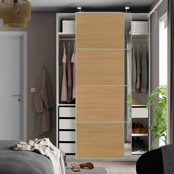PAX / MEHAMN/AULI دولاب ملابس مع أبواب سحّابة, أبيض الومينيوم/شكل السنديان زجاج مرايا, 150x66x236 سم