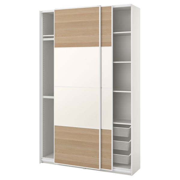 PAX / MEHAMN تشكيلة دولاب ملابس., أبيض/ثنائي الجانب. مظهر السنديان مصبوغ أبيض, 150x43x236 سم