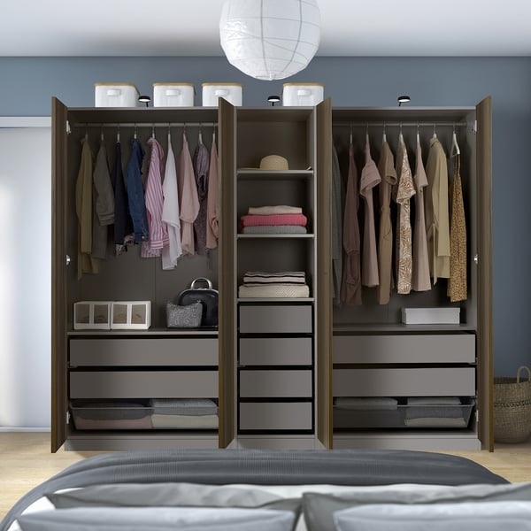 PAX / STORKLINTA تشكيلة دولاب ملابس., رمادي غامق/بني غامق مظهر سنديان مصبوغ, 250x60x201 سم