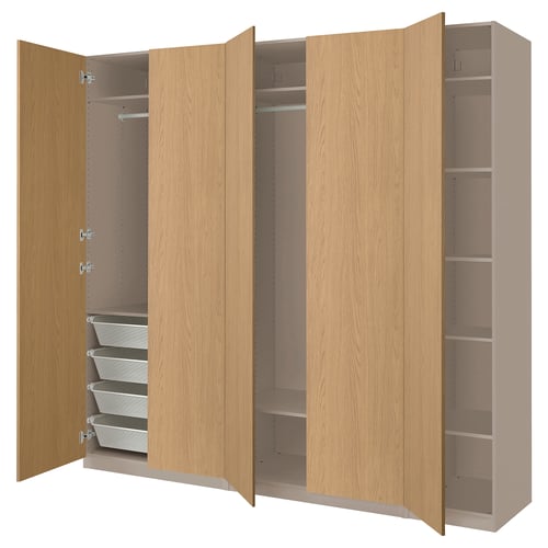 PAX / STORKLINTA تشكيلة دولاب ملابس., رمادي-بيج/شكل السنديان, 250x60x236 سم