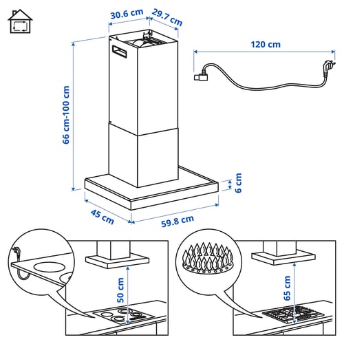 RULLBO شفاط روائح حائطي, IKEA 300 أسود, 60 سم