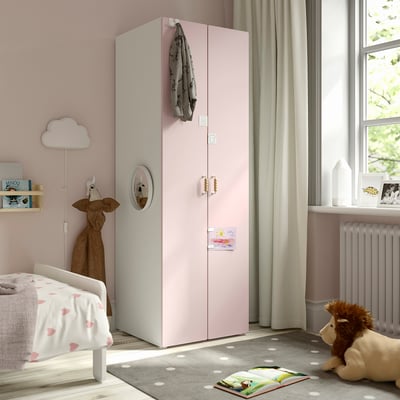 SMÅSTAD / PLATSA دولاب ملابس, أبيض/وردي فاتح, ‎60x57x181 سم‏
