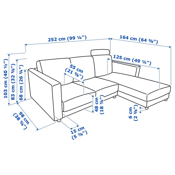 VIMLE كنبة بثلاث مقاعد مع أريكة طويلة, مع مسند للرأس/Hallarp رمادي