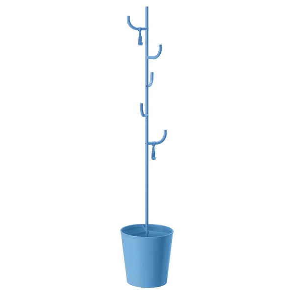 Blue ÄLGANÄS coat stand: slim, playful design with 5 hooks and 3-compartment basket for storage.
