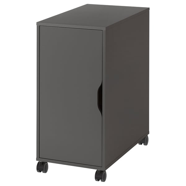 An ALEX grey storage unit with wheels, featuring a single door and a movable interior shelf.