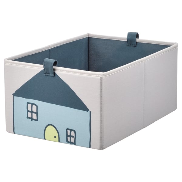 A grey and blue BARNDRÖM storage box with a house design. Its rectangular with fabric handles, ideal for storing items.