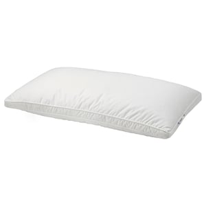 A white BERGVEN pillow with soft outer filling, double piping, and a low loft, ideal for stomach sleepers.
