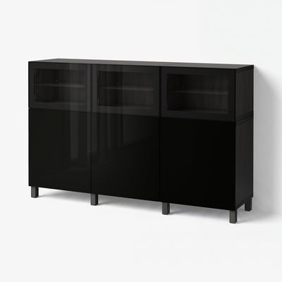 BESTÅ Storage combination with doors, black-brown Selsviken/Glassvik high-gloss/black clear glass, 180x42x112 cm