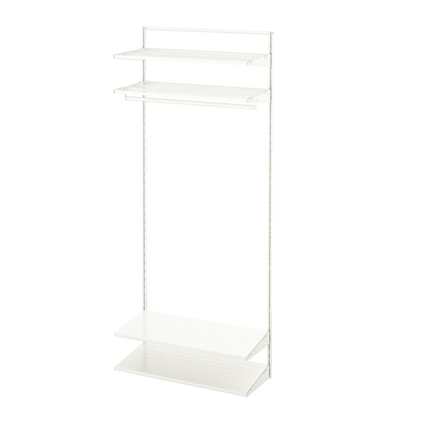 A white BOAXEL storage system. It has metal shelves and a hanging rod for closet organisation.