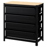 A black BROR workbench with drawers, featuring a pine plywood top, durable steel frame, and clean design.