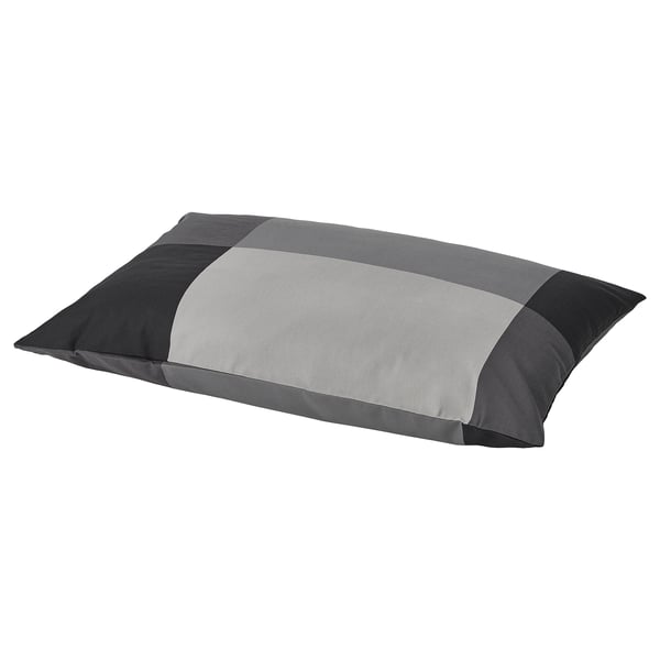 BRUNKRISSLA pillow in grey hues, rectangular with a bold check pattern. Soft cotton-viscose blend.