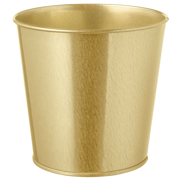 Displays a golden metal planter named DAIDAI. It is cylindrical with a smooth surface, perfect for indoor plants.