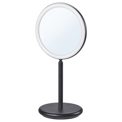 Black round vanity mirror with light, magnifying side, adjustable angle, dimmable led.