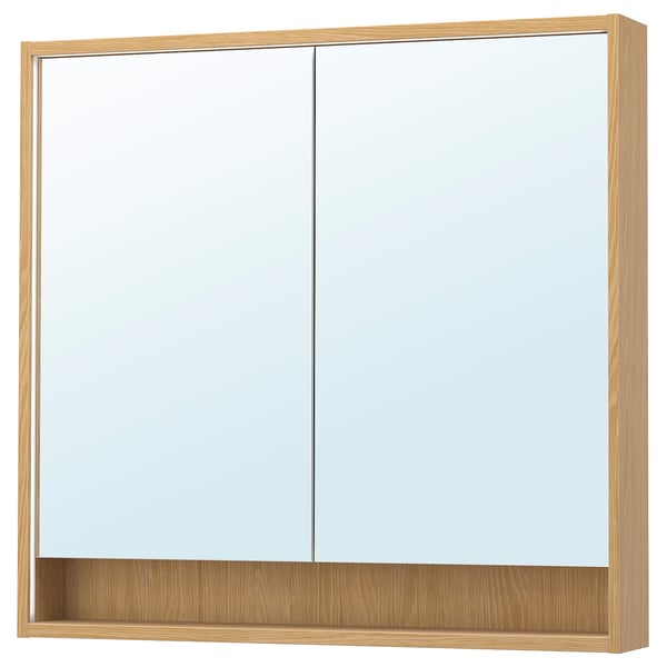 Light wood faxålven mirror cabinet with lighting, soft-close door, and shelf.