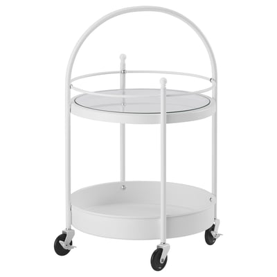 White FRÖSJÖN 2-tier round metal trolley with glass top shelf, black wheels, decorative knobs.