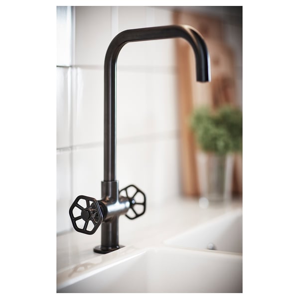 Black GAMLESJÖN tap, industrial style, with two circular handles.