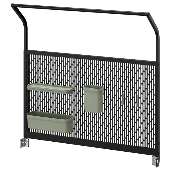 Black ikea GRILLSKÄR outdoor kitchen back panel with green storage containers and hooks.