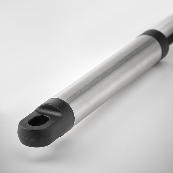 Stainless steel grill tool with black plastic caps, designed for durability.