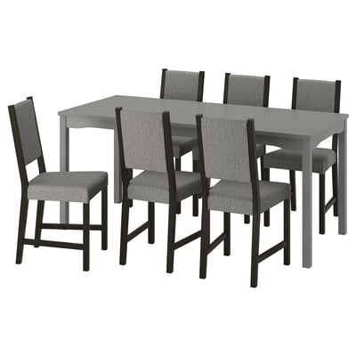 Grey wooden dining set with 6 high chairs; modern minimalist design.