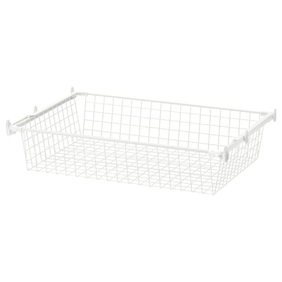 White HJÄLPA storage basket, mesh, on pull-out rail.