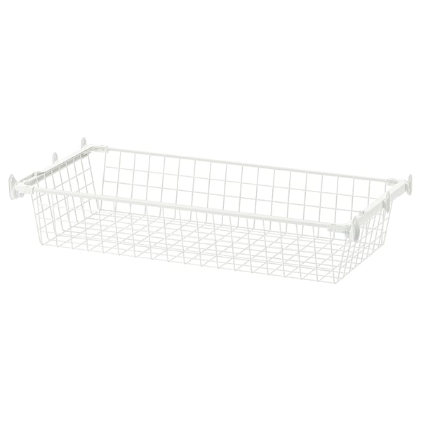 A white HJÄLPA wire basket with hooks for hanging. Its rectangular shape and mesh design allow for air circulation.