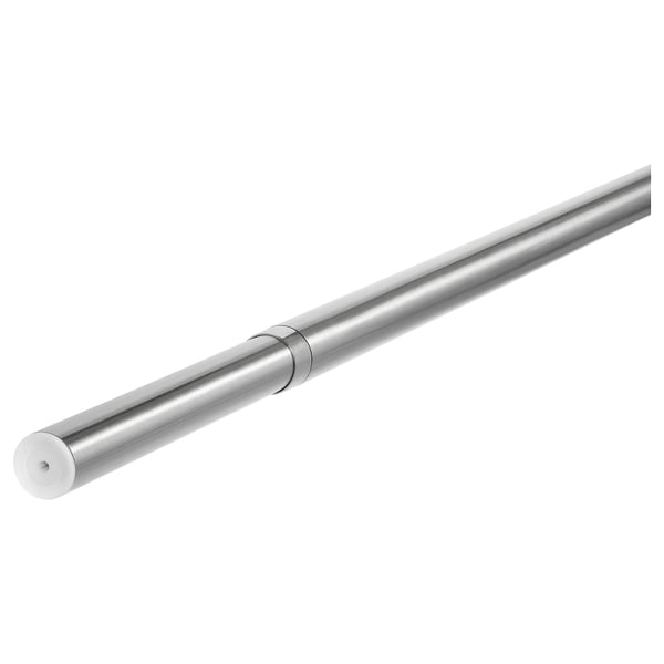 A HUGAD silver metal curtain rod. Its adjustable with abs plastic sleeves and polypropylene end caps.