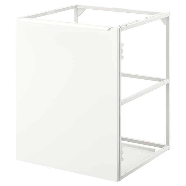 A JÄRNBODA white metal kitchen base cabinet with a minimalist design, ready for a sink installation.