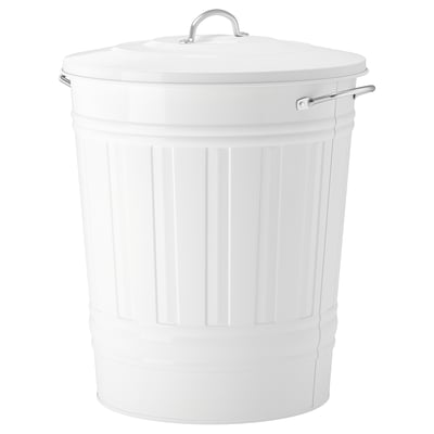A large white KNODD storage bin with a lid and sturdy handles. It is cylindrical with vertical grooves and a hook for the lid.