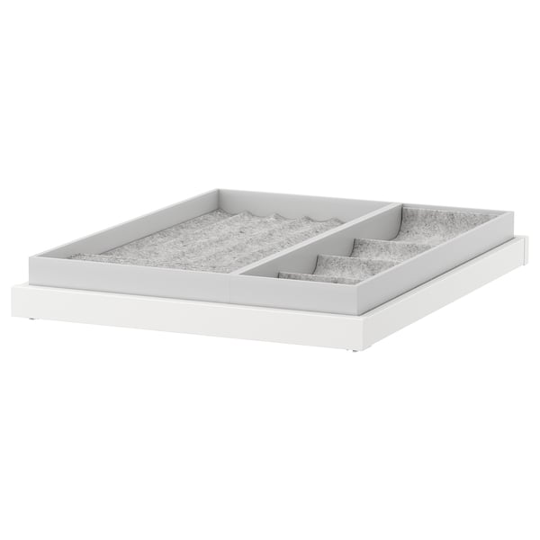 A white, rectangular KOMPLEMENT organiser tray with felt lining, divided into sections for accessories storage.