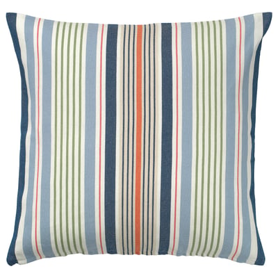 KORALLBUSKE cushion: light blue, multi-striped, square, zip closure, 50% recycled cotton, jute, viscose.