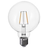 Ikea LUNNOM bulb, clear glass, led, retro filament style, warm white light.