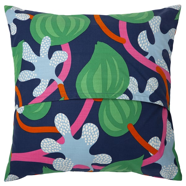 MÄVINN green square pillow, embroidered with colourful foliage, primarily green and blue, handmade with cotton.