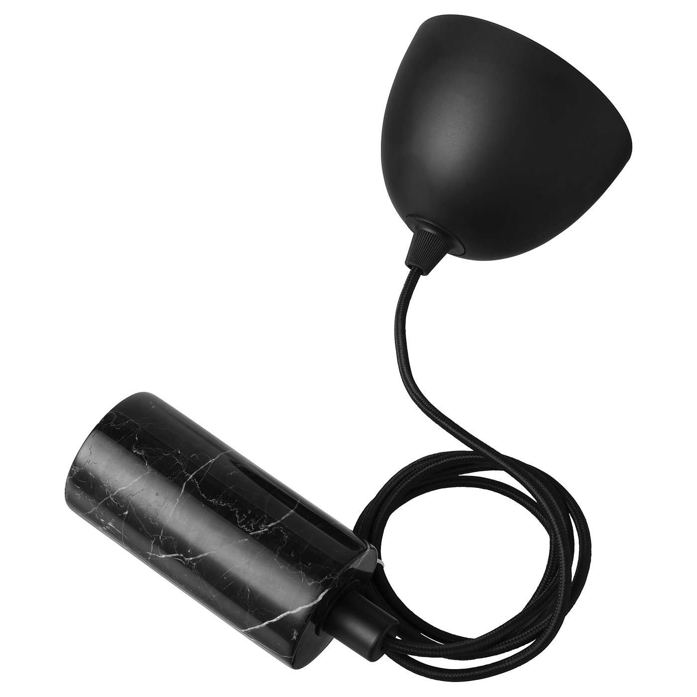 Black marble pendant lamp with flexible cord and conical shade.