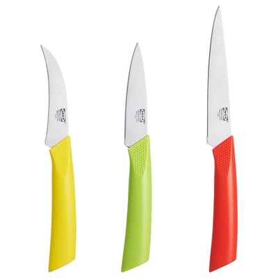 Three knives in yellow, green, and red colours with stainless steel blades and plastic handles are displayed side by side.