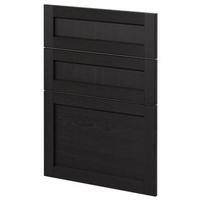Black stained wooden cabinet door with three horizontal simple lines, three-panel design.