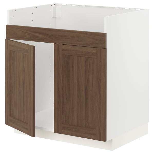 METOD kitchen cabinet. White and brown. Wood texture. Two open doors. Sturdy frame.