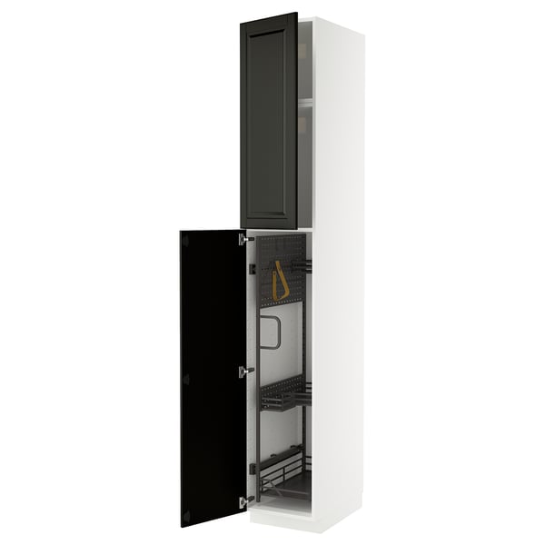 A white METOD kitchen cabinet with black bodbyn bevelled doors, open to reveal organised storage compartments.