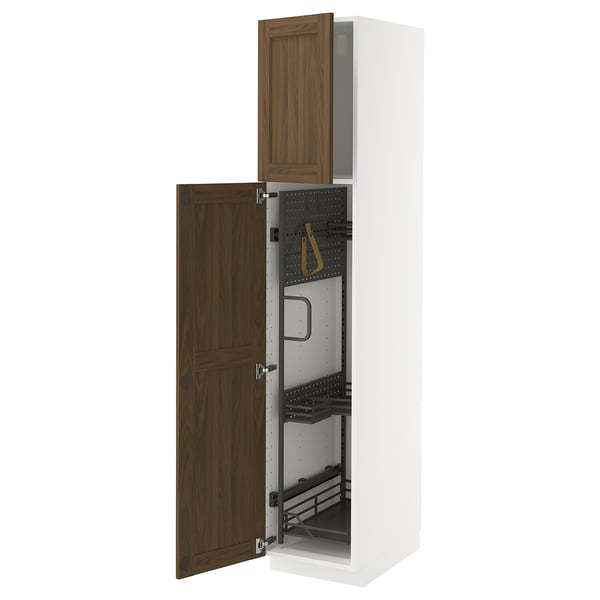 METOD kitchen cabinet with walnut-brown door, white frame, pull-out organiser, sturdy wood structure.