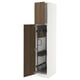 A white METOD kitchen cabinet with wooden doors. One door is open, revealing shelves and organisers inside.