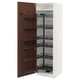 White METOD cabinet with walnut door, pull-out racks, metal shelves.