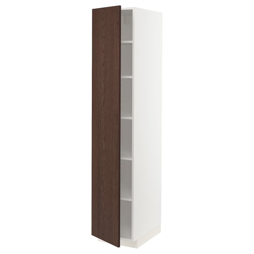 An open white METOD kitchen cabinet with dark brown oak veneer door. It has three internal shelves and a modern, sleek design.