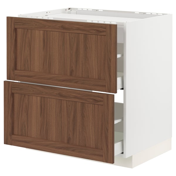 An ikea METOD kitchen cabinet with walnut-colored doors and white frame. It has a classic and warm design with wooden texture.