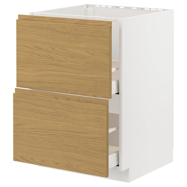 A white and wooden kitchen cabinet set with integrated drawers.