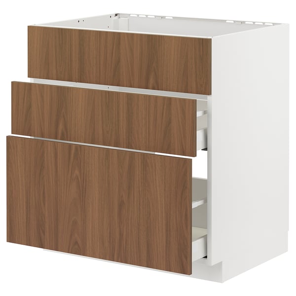 White ikea METOD kitchen cabinet with dark brown drawers, combining modern design and practical storage.