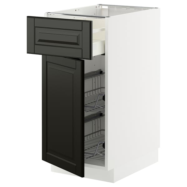 Modern white kitchen cabinet with black drawer and shelves.
